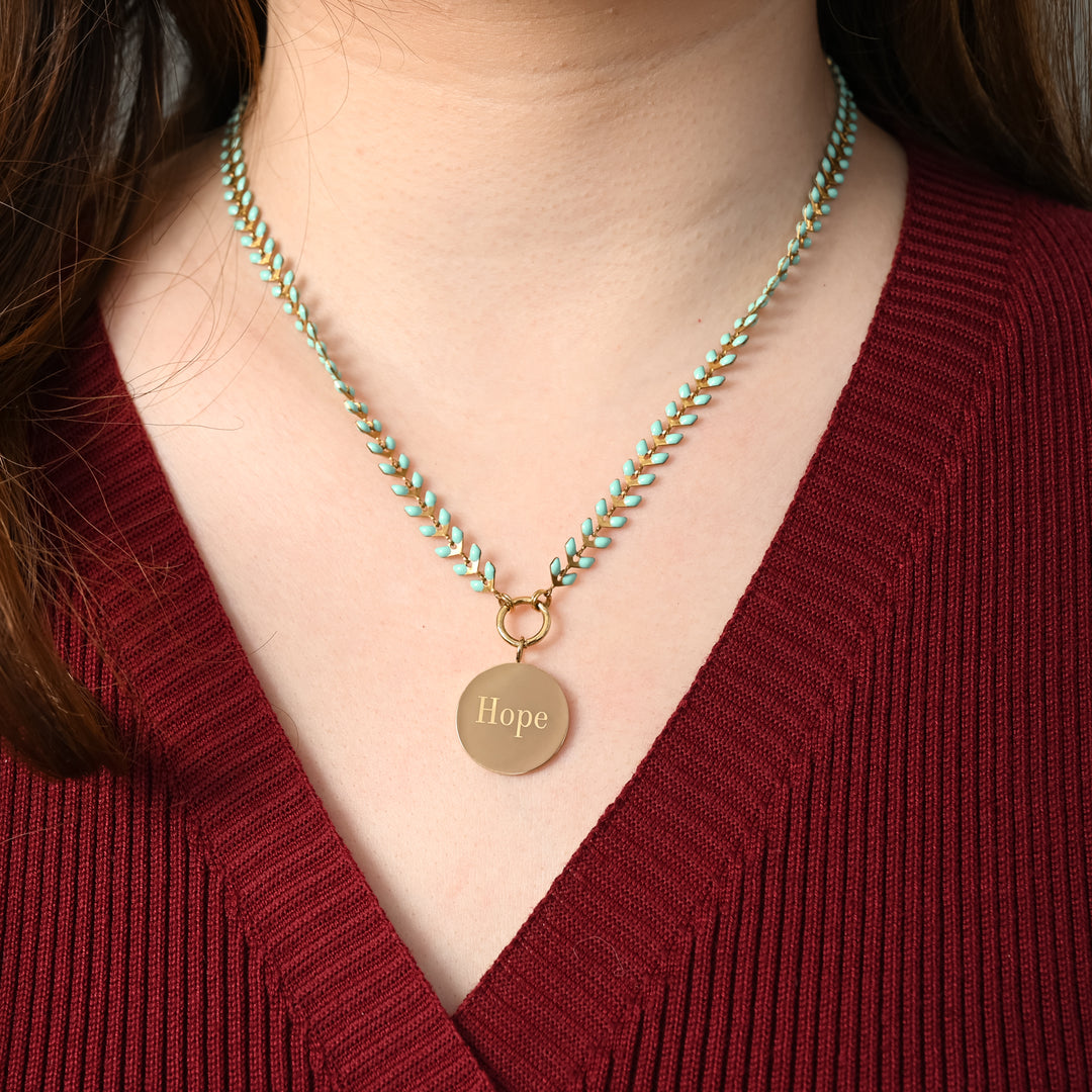 Engravable Round Pendant on Seeds of Hope Chain in Mint