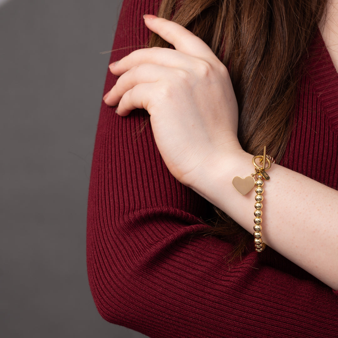 Engravable Heart Pendant on Handbeaded Gold Bracelet