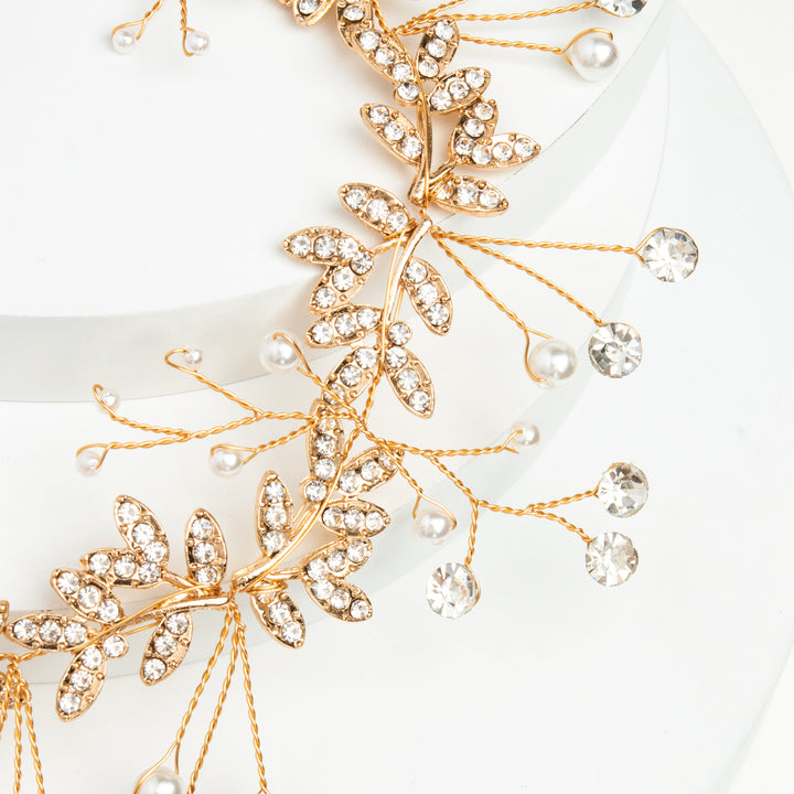 Ethereal Vine Gold Crystal and Pearl Silk Ribbon Headband