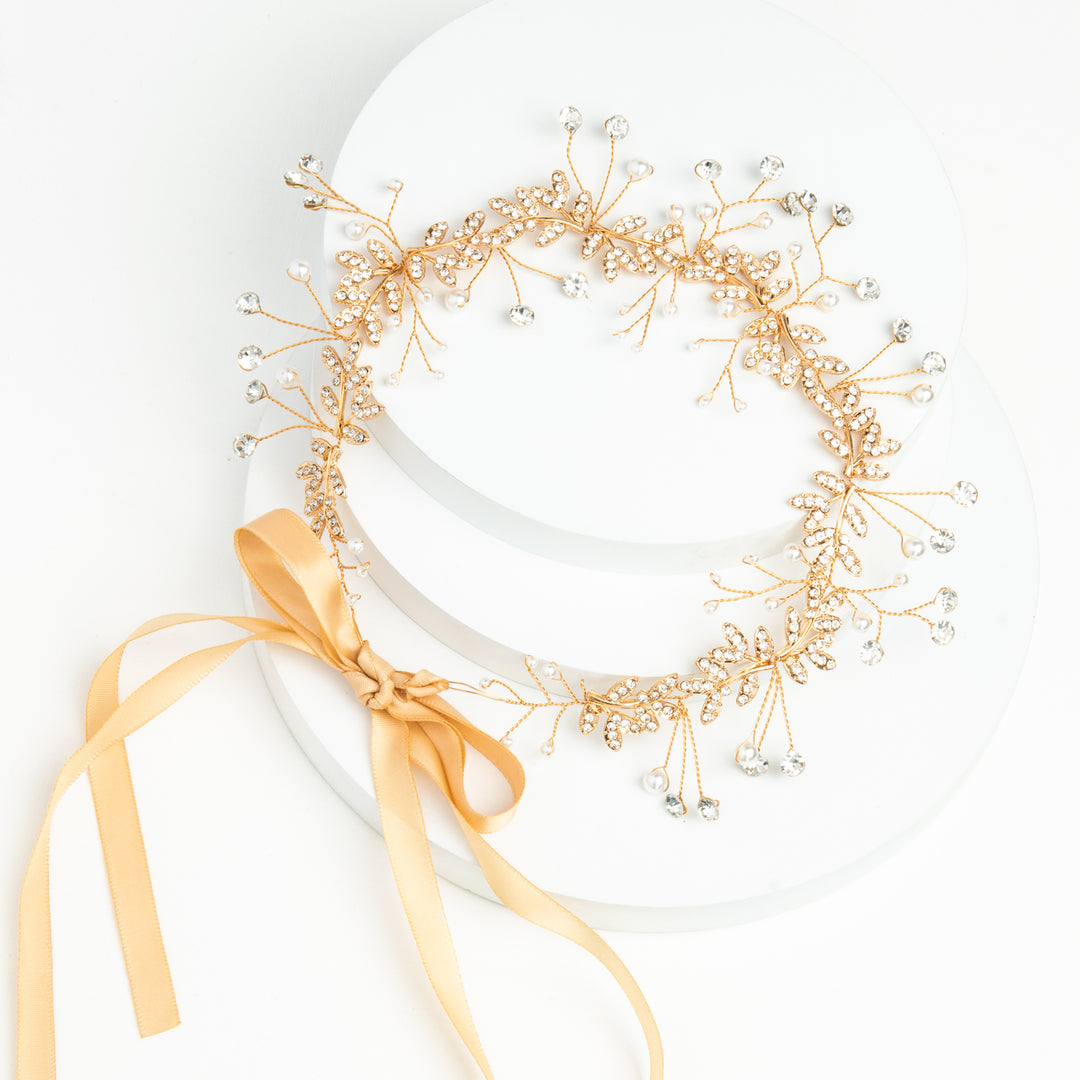 Ethereal Vine Gold Crystal and Pearl Silk Ribbon Headband