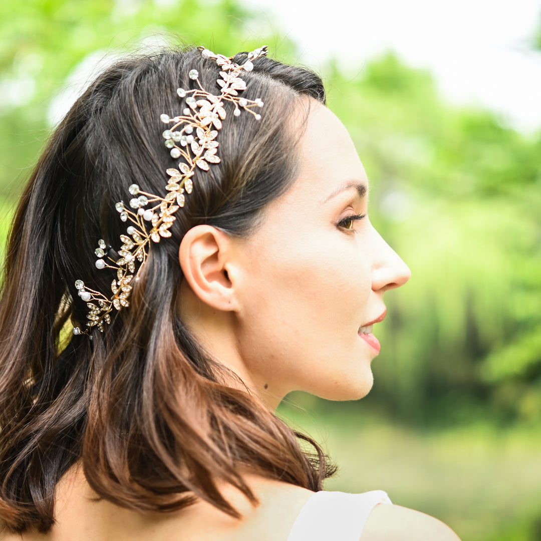 Ethereal Vine Gold Crystal and Pearl Silk Ribbon Headband