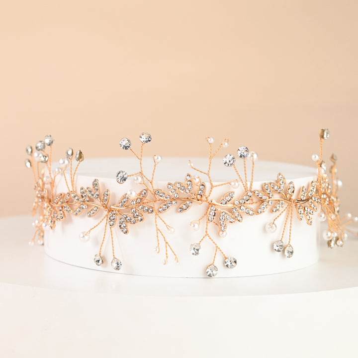 Ethereal Vine Gold Crystal and Pearl Silk Ribbon Headband